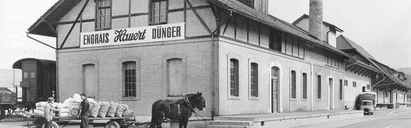 Düngerfabrik in Suberg um 1963. Beladenes Pferdegespann steht vor dem Produktionsgebäude.